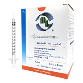 100 Jeringas Para Insulina 0.5 Ml Con Aguja 31x8 Estéril Capacidad en volumen 5 mL