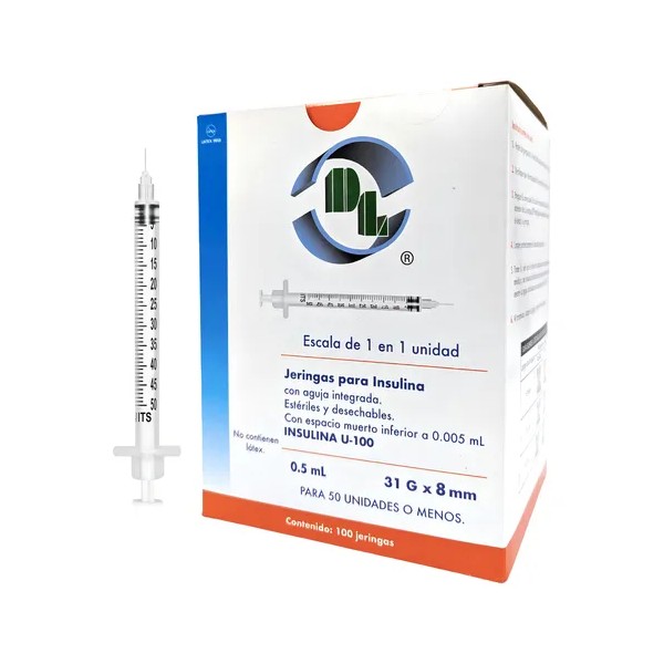 100 Jeringas Para Insulina 0.5 Ml Con Aguja 31x8 Estéril