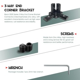 12Pcs Black 2020 Series 3-Way End Corner Bracket Connector with Screws + 1pcs Wrench for Slot 6mm 20S Aluminum Rail Accessories (12)
