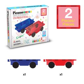 PicassoTiles 2 Piece Car Construction Vehicles Truck Toys for Magnetic Building Blocks Magnet Toy Kit with Sensory Magnets Re-Enforced Hitch & Long Bed Travel Educational Girls Boys Toddlers Ages 3+