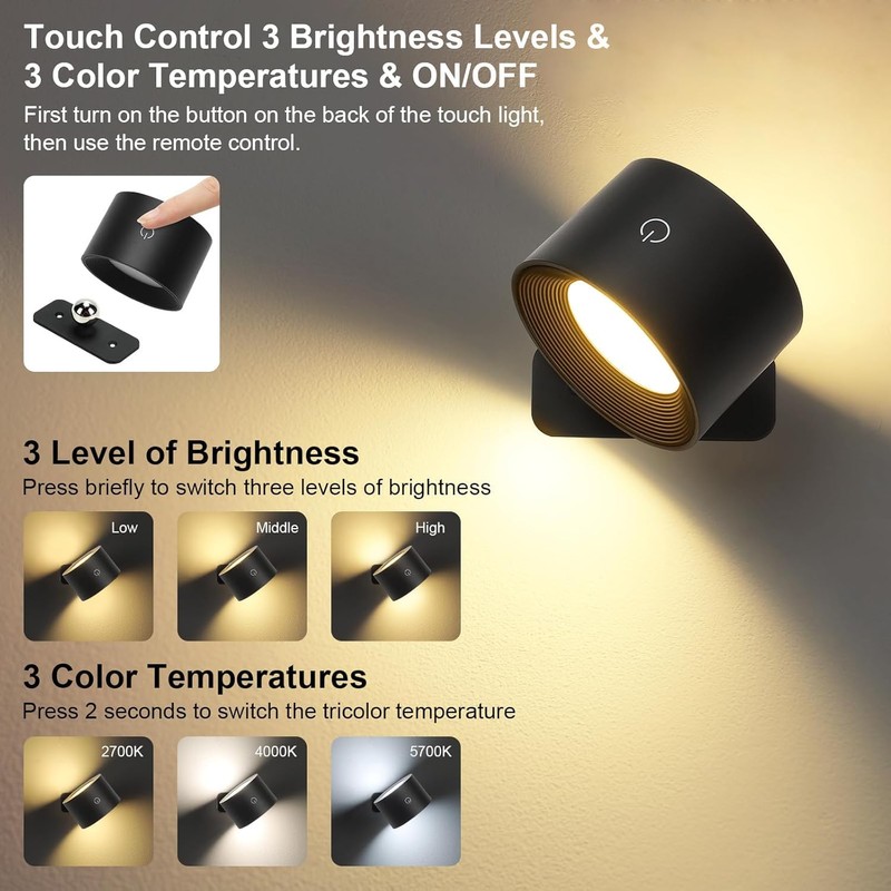 Lightess Battery Operated Wall Sconce Set of 2, 5000mAh Rechargeable