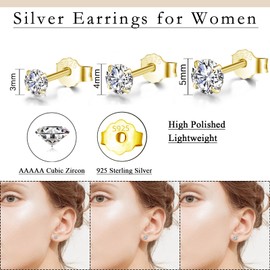 Bewenda Stud Earrings Silver 925, 3 Pairs Silver Earrings Stud Set, Heart Round Stud Earrings Set with Zirconia, Small Sleeping Cartilage Stud Earrings 3/4/5 mm, Hypoallergenic Earrings for Multiple