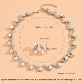 Hanaoops Pearl Necklace Earrings Jewellery Sets Bridal Jewellery Set Wedding Jewellery Sets for Women Silver Rhinestones Pearls Choker and Earrings Luxury Fashion Jewellery for Bride Bridesmaids, One