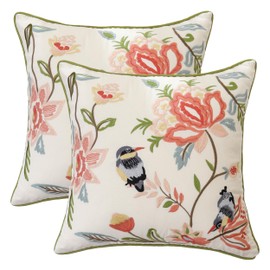 Tosleo Embroidered Throw Pillow Covers 18x18 inch Pack of 2 Vintage Birds with Pink Flowers Farmhouse Pillow Cushion Cases Decorative Pillowcases Home Decor Square Floral Pillow Case