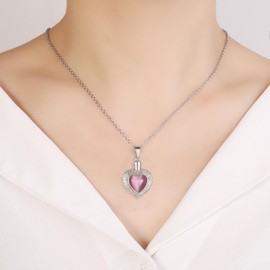 Memorial Ashes Necklace For Women Mom Stainless Steel Heart Cremation Pendant Hold Multi-colored Stone Keepsake Jewelry Of Loved Ones (Pink Stone)