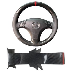 Hand-Stitched Gloss Carbon Fiber Steering Wheel Wrap for Mazda 3 Axela 2004-2009 / Mazda 5 2004-2010 / Mazda 6 Atenza 2003-2008 / Mazda RX-8 2004-2008 Interior Steering Wheel Protection Skin Cover