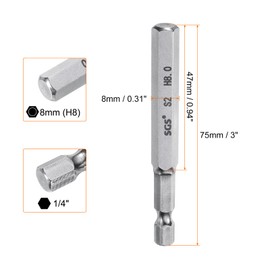 QUARKZMAN Hexagon Hex Screwdriver Bit Set 8 mm (H8) Metric 1/4 Inch Magnetic 75 mm (3 Inch) Long S2 Steel Screwdriver Bits Key Hex