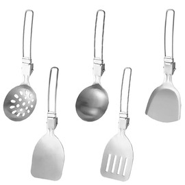 Stainless Steel Camping Kitchen Utensils Set, 5-Pieces Folding Metal Cooking Tools with Wok Spatula, Slotted Spoon, Soup Ladle, Slotted Spatula for Camping Cooking, Tent Campers,Outdoor Picnics BBQ