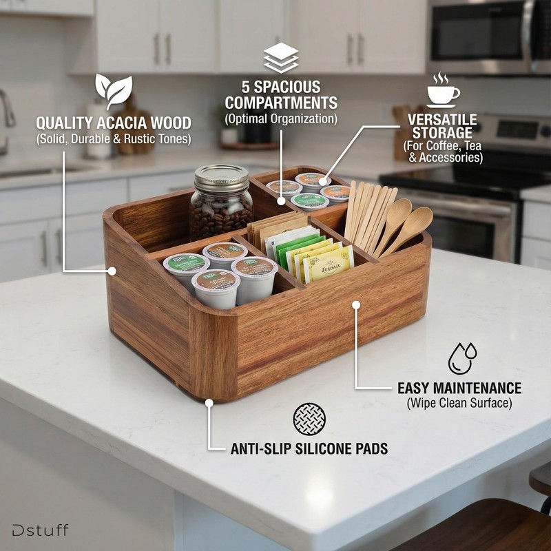 Dstuff Acacia Wood Coffee Station Organizer for Countertop, Tea Organizer