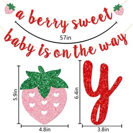 Firefairy Strawberry Baby Shower Banner, Pre-strung A Berry Sweet Baby is on the Way, Berry Sweet Baby Shower Decoration, Berry Welcome Baby Banner (Red Glitter)