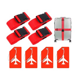 Hitopin 4 x Suitcase Strap + 4 x Luggage Tags, Suitcase Strap Strap, Adjustable Suitcase Straps, Luggage Strap for Suitcase, Suitable for Travel, Tourism and Excursions (Red)