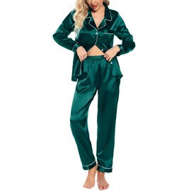 Pjmlifecoco Women Silk Satin Pajamas Set Long Sleeve Bride Pajamas Button Down Pjs Soft Loungewear Dark Green