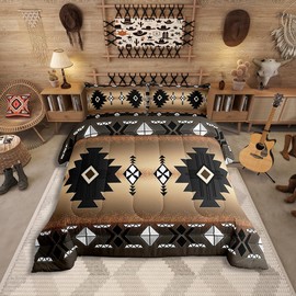 Erosebridal Western Aztec Bedding Set for Boys, Native Tribal Ethnic Comforter Set Queen Size Farmhouse Boho Geometric Duvet Insert Southwestern Ethnic American Native Quilt for Adult, Brown Black