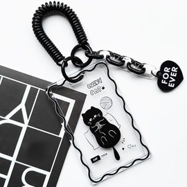 runrayay Acrylic Kpop Photocard Holder, Keychain Clear Black Cat ID Badge Holder with Keychain Student Bus Card Pendant Keychain Badge Reel Stationery for Back to School - E