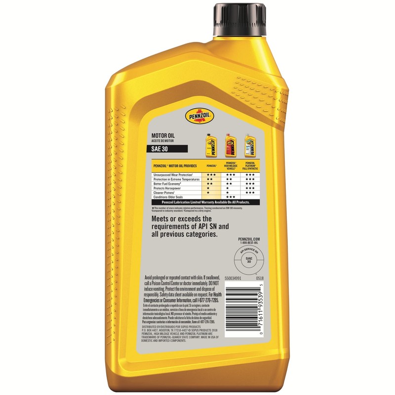 Pennzoil 550034991 SAE 30 SN Motor Oil - 1 Quart