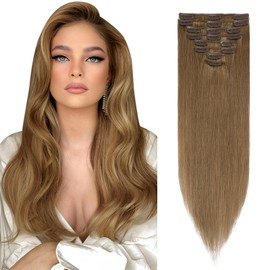 Elailite Clip-In Real Hair Extensions (8-Piece Set, Real Hair Clip) - #06 Light Brown - 35 cm