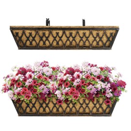 Window Boxes Planters: 2 Pack 24 Inch Railing Planter Box with Adjustable Brackets for Porch Fence Patio Balcony Hanging Flower Baskets with Coco Liners for Outdoor Garden Decor - Bronze