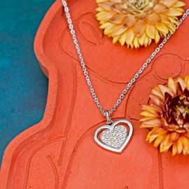 Tuscany Sterling Silver Rhodium Plated Heart Pendant with Cubic Zirconia on Adjustable 16/18 inch chain