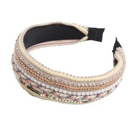 Ethnic Style Crystal Headband for Women, Wide Flat Headband with Rhinestone, Pearl, and Sequins, Long Hair Press Clip for Skincare, Makeup, and Daily Glamour (Beige, One Size)
