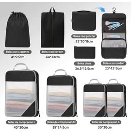 8 PCS Impermeable Bolsa Organizador de Viaje para Compresión Organizadores de Maleta, Para Ropa Zapatos,Cosméticos Accesorios (Negro)