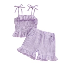 Kavousa Toddler Girl Summer Clothes Baby Girl Smocked Ruffle T Shirt Top Short Set Little Kids Girl Outfit Beach Essential (Solid Purple, 6-12 Months)