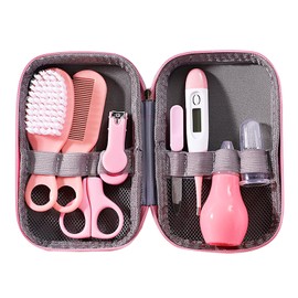 Baby Health Grooming Set Nail Clipper Hair Brush Thermometer Nasal Aspirator Finger Toothbrush Infant Care Kit Pink