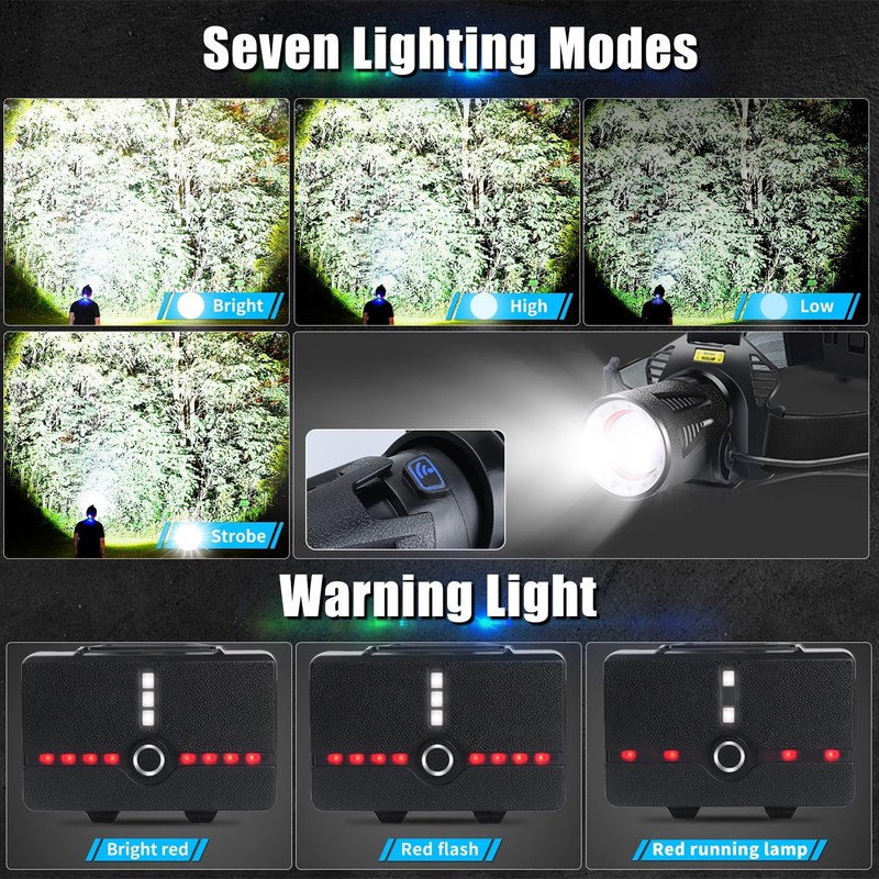 Aikertec Rechargeable Headlamp,Bright LED Head Lamp 7 Modes, Waterproof, 45°
