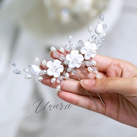 Unicra Bridal Wedding Silver Headpiece Pearl Bridal Hair Clips Accessories for Women and Bridesmaid