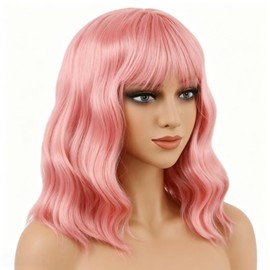 Pink Wig with Bangs 14 Inch Synthetic Wavy Bob Wig Pink Wigs for Women