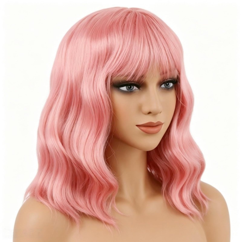 Pink Wig with Bangs 14 Inch Synthetic Wavy Bob Wig