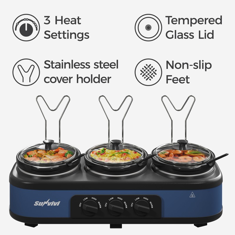 SUNVIVIPRO Triple Slow Cooker, Large Buffet Food Warmer with 3