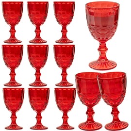 12 Pcs Vintage Wine Glasses, 10 Ounces Colored Glass Water Goblets, Unique Embossed Pattern High Clear Stemmed Glassware Wedding Party Bar Glass Drinking Cups, Floral Red Glasses Set of 12