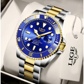 Reloj pulsera Lige LG10045 con correa de acero inoxidable color plateado/dorado - fondo azul - bisel azul/dorado