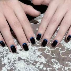 MERVF Square Press on Nails Short Fake Nails Blue French Tip Glue on Nails with Design Squoval Black Acrylic False Nails Press ons Glossy 24pcs