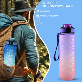 Children's Water Bottle, 600 ml Water Bottle, BPA-Free, Sports Water Bottle, Leak-Proof, Sports Bottle with Time Marking for Fitness (600 ml Purple-Pink, 1000 ml Purple Light Orange, 600 ml, 1000 ml)