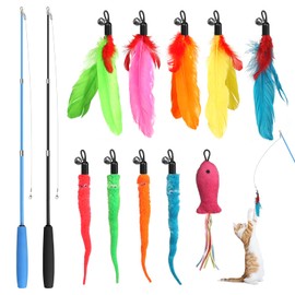 AOROPS Cat Toy, Pack of 12 Interactive Cat Toy, Cat Toy Set with 2 Scalable Rods, 10 Cat Toy, Replacement Feathers, Cat Toy Feathers for Kittens