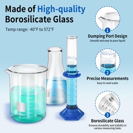 eLabPal 9 Pcs Glass Measuring Beaker 50/100/250 ml, Glass Flask 50/100/250 ml, Graduated Cylinder 10/50/100ml, for Lab Science Home