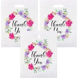 POPGIFTU® Pack of 50 Goods Bags, Colourful Gift Bags, Plastic Carrier Bags (30.5 x 38 cm), with Thank You Font, Reusable Shopping Bags, Party Bags, Flower Styles