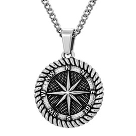 murtoo Compass Necklace for Men and Women, Antique Silver Stainless Steel Chains Necklace with Compass Pendant Unique Gifts for Men (Rope Round, 18+2 inch)