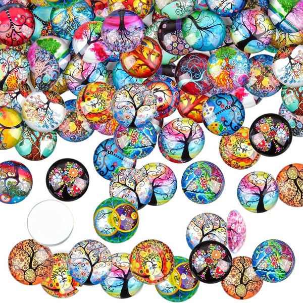 Pack of 50 Colourful Children's Tree of Life Dome Glass, 25 mm Tree of Life Glass Stones, Colourful Muggle Stones, Crystal Craft Stones, for DIY Earrings, Jewellery, Pendants and Decorations