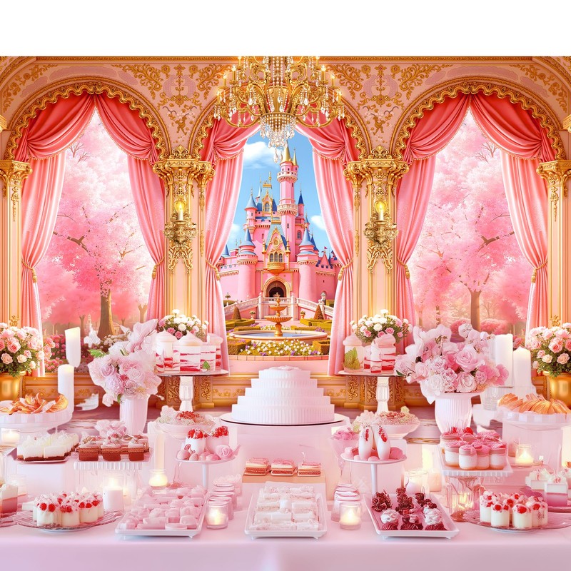 Pink Princess Castle Garden Floral Flower Cherry Fairy Photography Backdrop