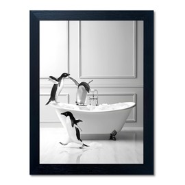 Funny Bathroom Wall Art Decor, Modern Wrapped Canvas Prints, Black and White Canvas Wall Art Pictures, Cute Penguin Bathing Wall Decor, Humor Farmhouse Animals Pictures Framed Ready to Hang 8"x10"