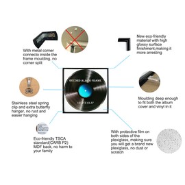 Record Album Frame, 6 Pack, 12.5x12.5 Inch High Glossy Frame, Made to display vinyl LP album covers, Fit the album artwork, set of 6pcs