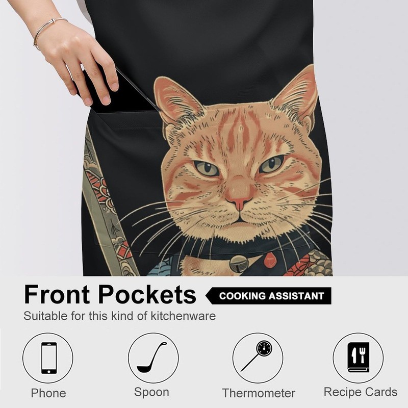 GTABVECT Japanese Samurai Cat Aprons Adjustable Aprons with Pockets Cooking