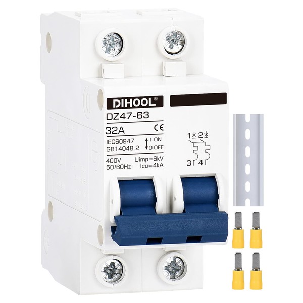 Circuit Breaker DZ47 2Pole 32Amp AC 220V, DIN Rail Mount