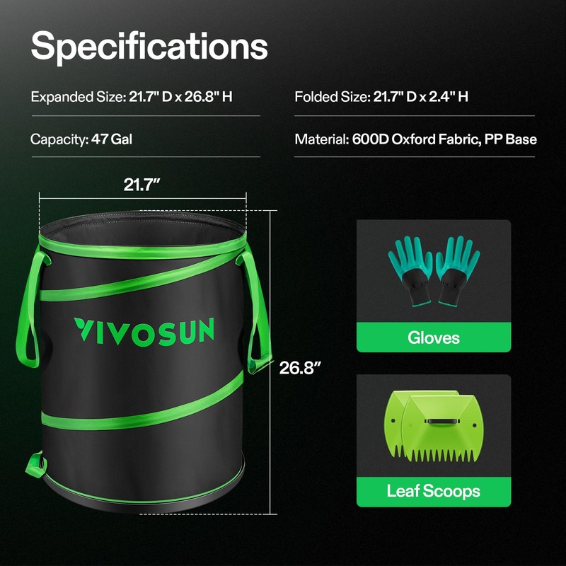 VIVOSUN 47-Gallon Collapsible Trash Can, Reusable Pop-Up Garden Bag with