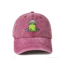 Enodtter Frog with Mushroom Hat, Embroidered Baseball Cap for Women Girl Men, Washed Burgundy Adjustable Hat Dad Hat