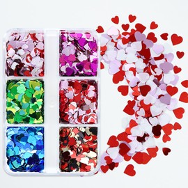 Valentine's Day Nail Art Heart Glitter Sequins 3D Mixed Heart Nail Glitter Flakes Designs Sparkly Love Heart Nail Confetti Acrylic Supplies for Women Manicure Art DIY Resin Nail Art Tips Decorations