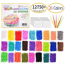Loom Rubber Bands, 12750pc Rubber Band Refill Kit in 26 Colors with 500 Clips 6 Hooks, INSCRAFT Loomy Bands