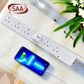 Power Strip Surge Protector, 6-Outlet Outlet Powerboard, Flat Plug with 1 Meter Cable, Overload Surge Protection, Wall Mount for Home Office, SAA Approved AU (6 Outlets)